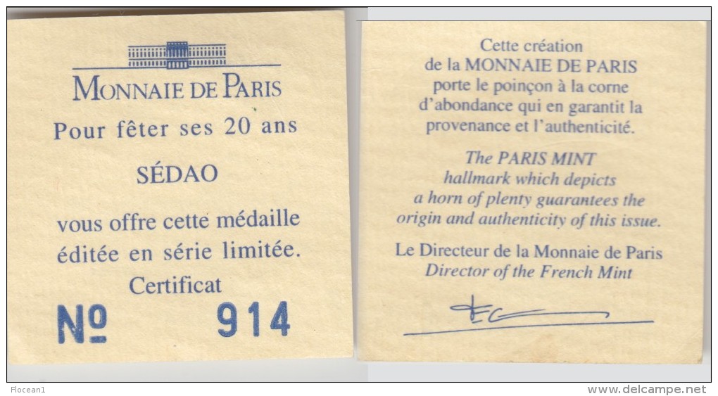 *** 93 - SEDAO 1998 - 20ème ANNIVERSAIRE DE SEDAO 1978-1998 AVEC CERTIFICAT - MONNAIE DE PARIS *** EN ACHAT IMMEDIAT !!! - Non-datés