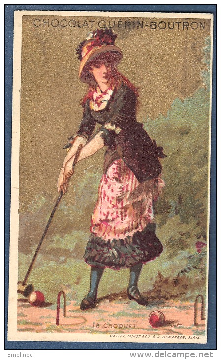 Chromo Chocolat Guerin-Boutron Dorée Or Vallet Minot Femme élégante Chapeau Jeu Le Croquet - Guerin Boutron