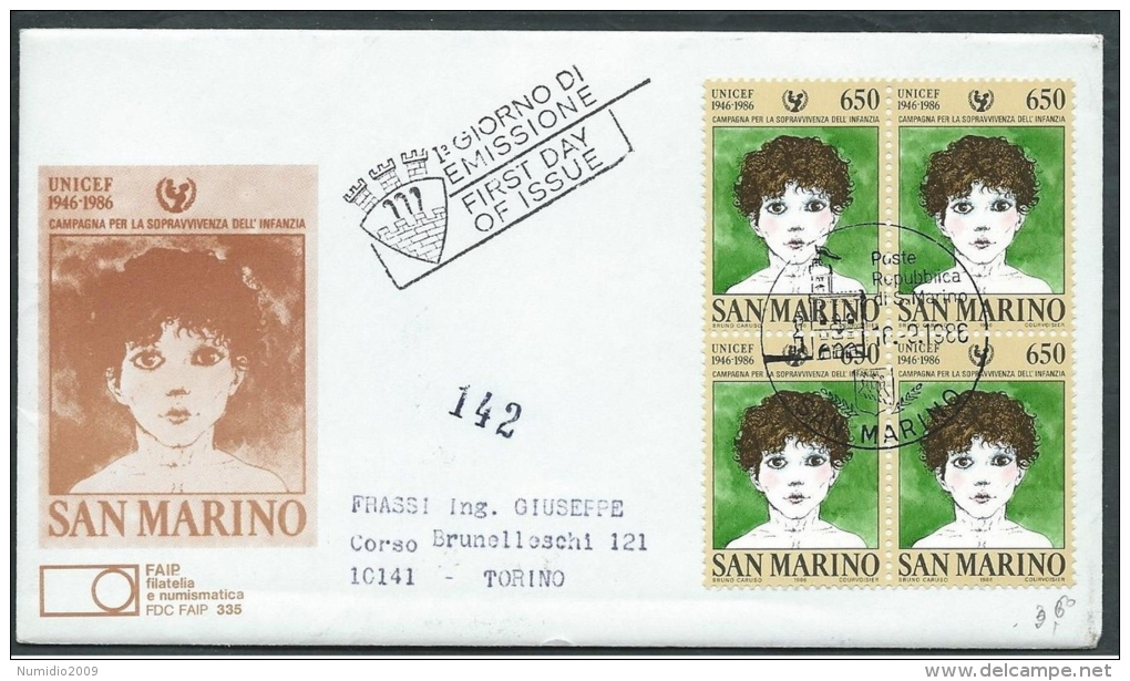 1986 SAN MARINO FDC FAIP UNICEF QUARTINA NO TIMBRO DI ARRIVO - RD5 - FDC