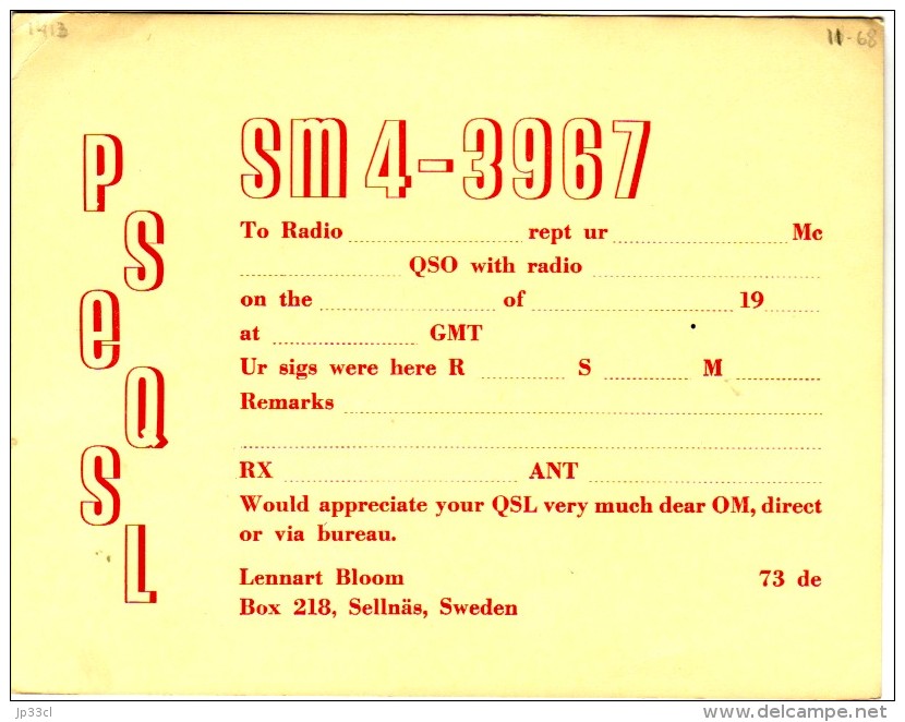 Very Old QSL Card From Lennart Bloom, Sellnäs, Sweden (SM4-3967) - Year 1968 - CB