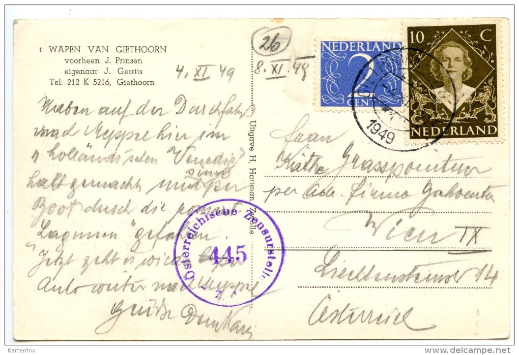 't  Wapen Van Giethoorn, Voorheen J. Prinsen, 4.11.1949, österreichische Zensur - Giethoorn
