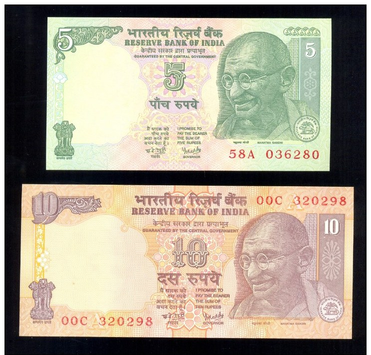 INDIA MAHATMA GANDHI 2 BANKNOTES 5 & 10 RUPEES P88a P89a UNC * FARMING TIGER ELEPHANT RHINO - India