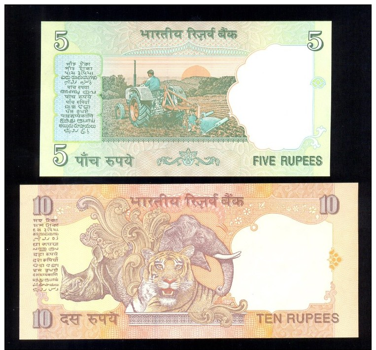INDIA MAHATMA GANDHI 2 BANKNOTES 5 & 10 RUPEES P88a P89a UNC * FARMING TIGER ELEPHANT RHINO - India