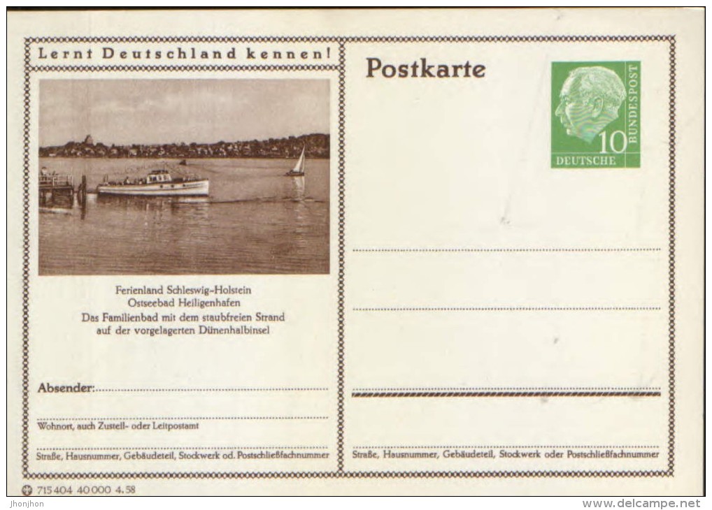 Germany/ Federal Republic- Stationery Postacard Unused - P24 Heuss Type I - Schleswig Holstein, Ostseebad Heiligenhafen - Cartes Postales - Neuves