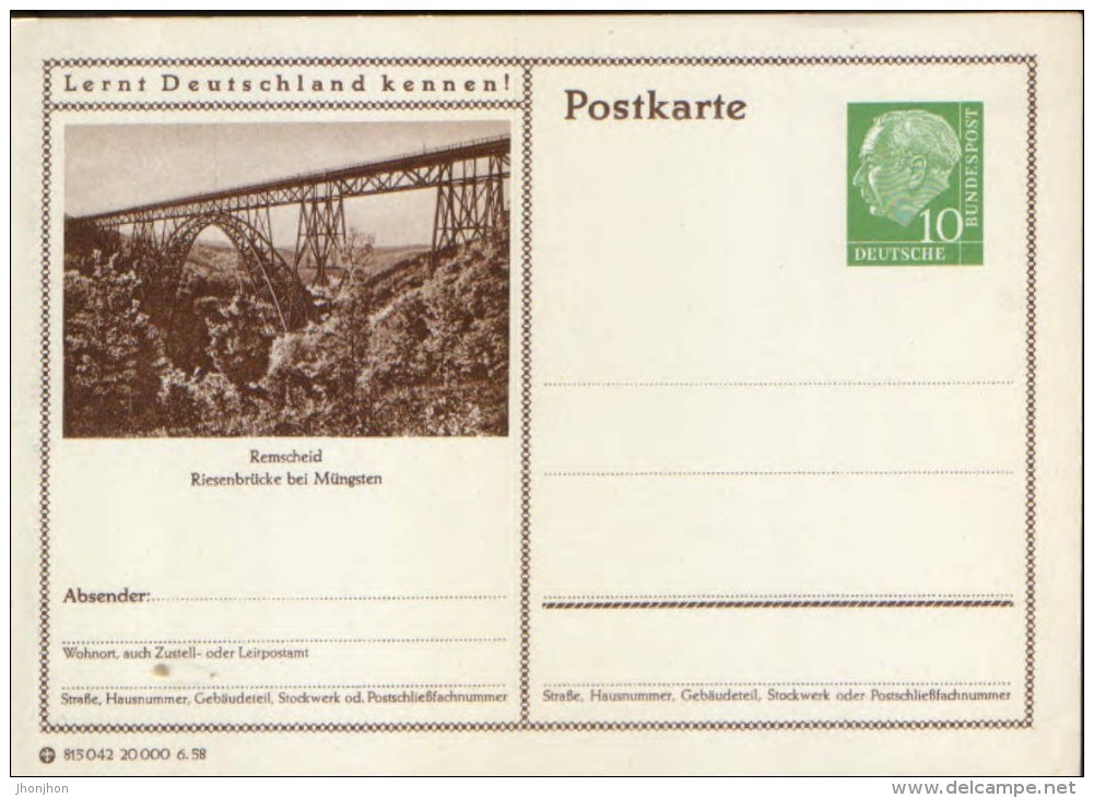Germany/ Federal Republic- Stationery Postacard Unused - P24 Heuss Type I - Remscheid, Riesen Brücke Bei Müngsten - Cartes Postales - Neuves