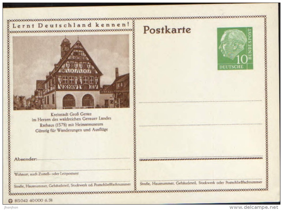 Germany/ Federal Republic- Stationery Postacard Unused - P24 Heuss Type I - Gerau, Heimatmuseum - Cartes Postales - Neuves