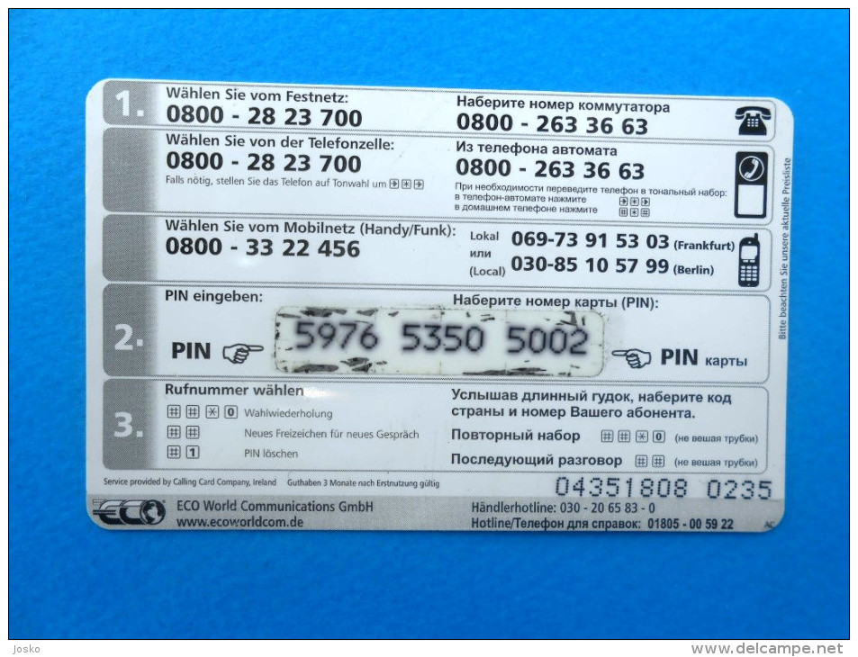 SOS ECO Calling Card 6.- ( Germany Prepaid Card ) GSM Remote Prepayee Carte * Deutschland - GSM, Voorafbetaald & Herlaadbare Kaarten