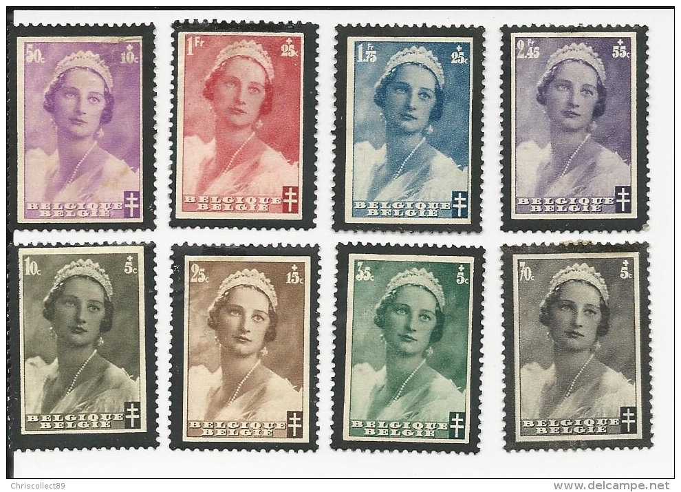 Serie  Compléte De 8 Timbres Dentelés Neufs Belgique  :  1935  Timbre Deuil Au Bord Noir : Reine Astrid - Collections