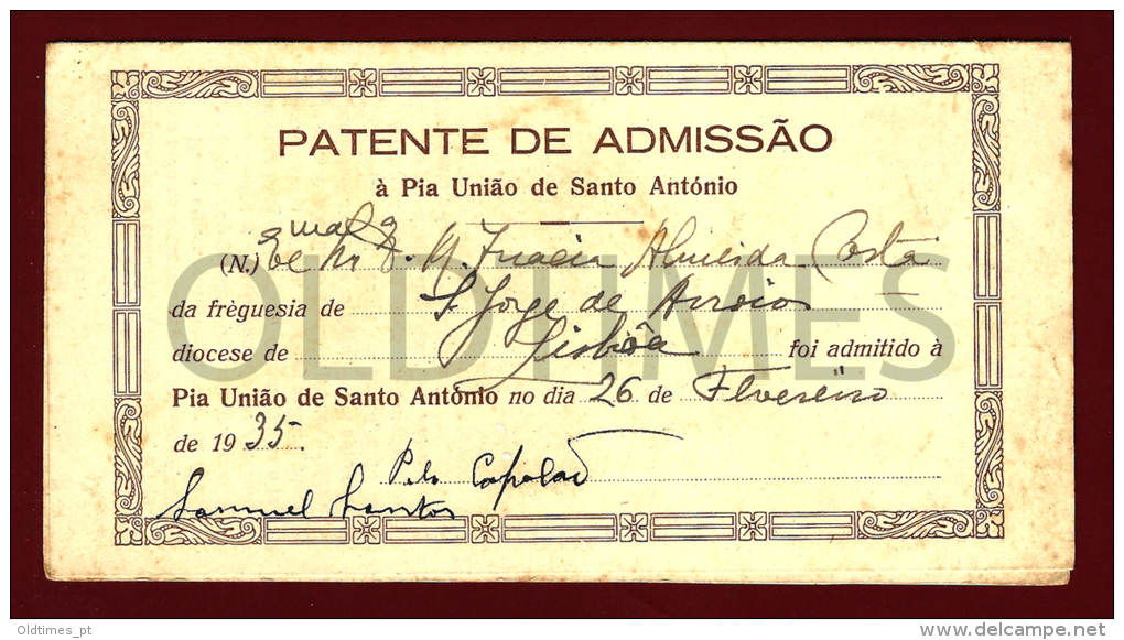 PORTUGAL - PATENTE DE ADMISSAO À PIA UNIAO DE SANTO ANTONIO - 1935 OLD RELIGIOUS PRINT - Religione & Esoterismo