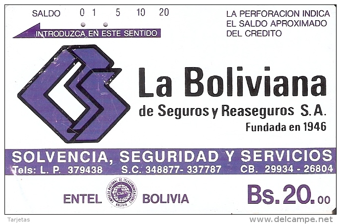 TARJETA DE BOLIVIA DE ENTEL DE LA BOLIVIANA SEGUROS - Bolivie