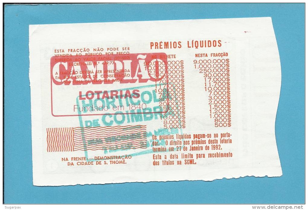 LOTARIA NACIONAL - 43&ordf; ORD. - 25.10.1991 - SÃO THOMÉ - DESCOBRIMENTOS - MONARQUIA - Portugal - 2 Scans E Descriptio - Lottery Tickets