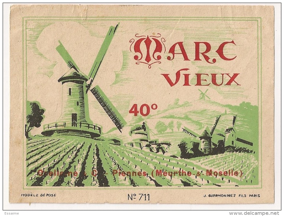 étiquette D´alcool Et De Digestif : Marc Vieux 40°. Osellaine à Piennes (Meurthe Et Moselle). 1950-1960 - Autres & Non Classés