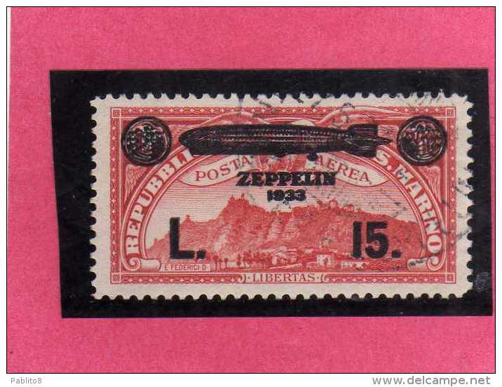 SAN MARINO 1933 CROCIERA ZEPPELIN POSTA AEREA AIR MAIL  LIRE 15 SU 2,60 USATO USED - Airmail