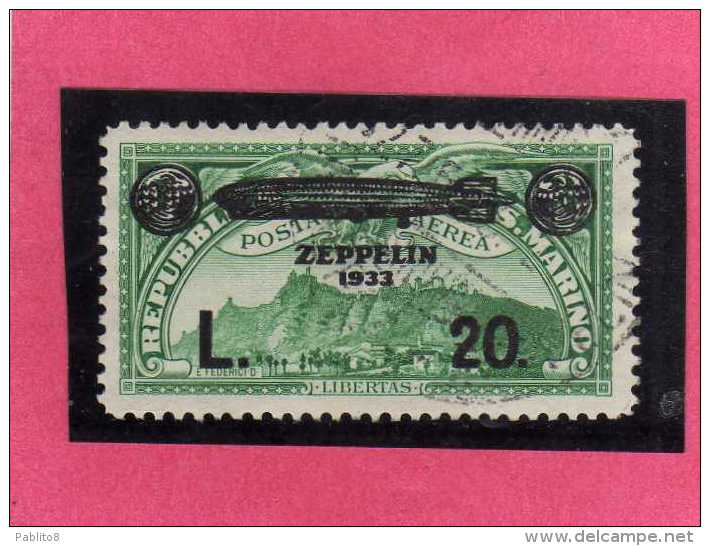 SAN MARINO 1933 POSTA AEREA AIR MAIL ZEPPELIN LIRE 20 SU 3 VERDE TIMBRATO USED - Airmail