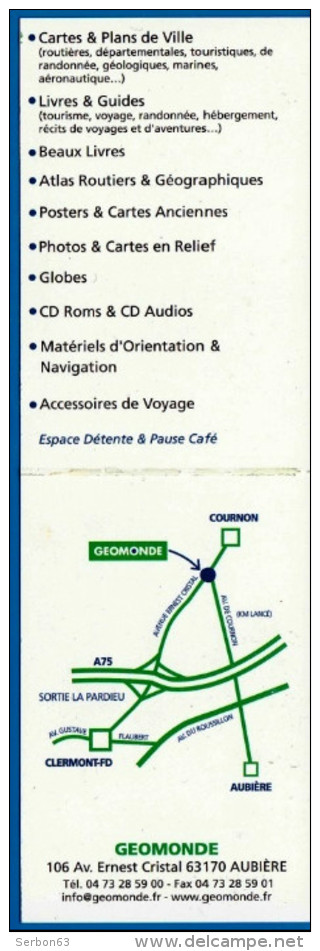 MARQUE-PAGES GEOMONDE CARTES ET PLANS DE VILLE LIVRES ET GUIDES BEAUX LIVRES AUBIERE PUY DE DOME 7,5X17,2cm RECTO-VERSO - Segnalibri