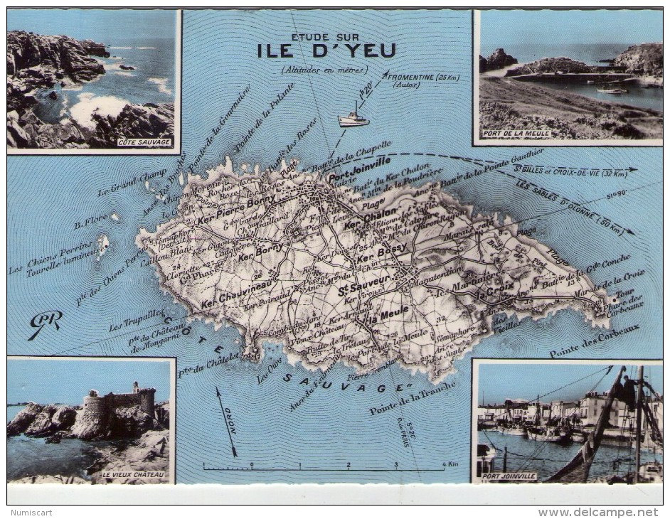 Ile D´Yeu.. Carte Géographique.. Multi-vues.. Port De La Meule.. Port-Joinville.. Le Vieux Château - Ile D'Yeu