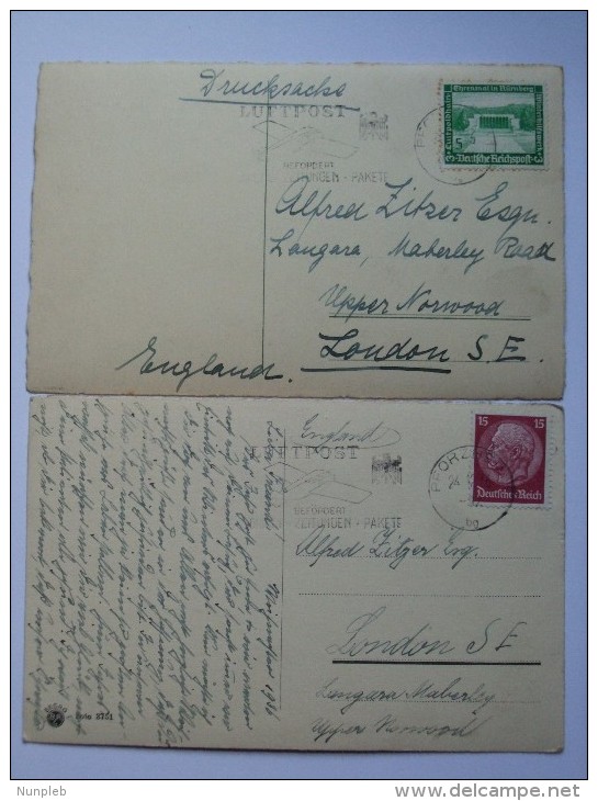 GERMANY POSTCARD 1930`S POSTCARDS X 2 WITH LUFTPOST POSTMARKS  TO ENGLAND - Briefe U. Dokumente