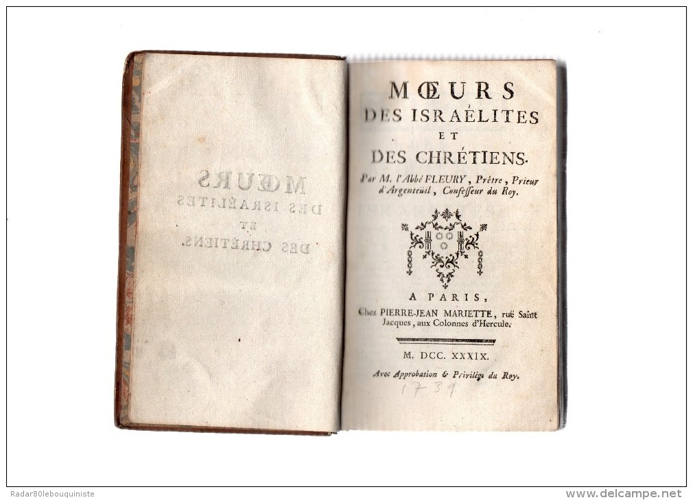 M.l'abbé Fleury.Moeurs Des Israélites Et Des Chrétiens.392 Pages.MDCC.XXXIX.(1739) In-12. - 1701-1800