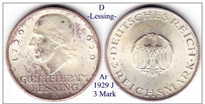 D-1929 J, 3 Mark, Lessing - 3 Mark & 3 Reichsmark