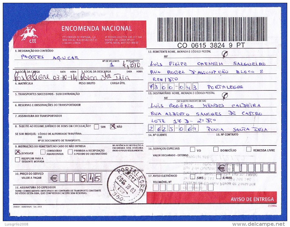 ENCOMENDA NACIONAL -- CACHET - PORTALEGRE . 7300, 2014.10.03 - Lettres & Documents