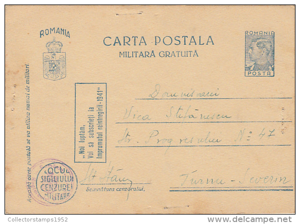 3348- FREE MILITARY POSTCARD, KING MICHAEL 1ST, CENSORED, 1941, ROMANIA - Lettres 2ème Guerre Mondiale