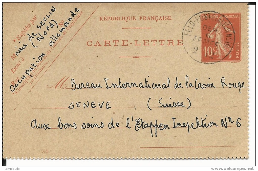 SEMEUSE - 1914 - CARTE-LETTRE ENTIER De SECLIN (NORD) Avec OBLITERATION ALLEMANDE FELDPOSTSTATION N°10 Pour GENEVE - 1877-1920: Période Semi Moderne