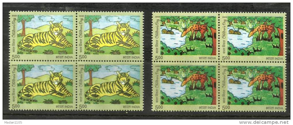 INDIA, 2009, Children´s Day, Set 2 V,  Childrens Day,  Block Of 4,  Tiger, Art, Paintings, MNH,(**) - Ungebraucht