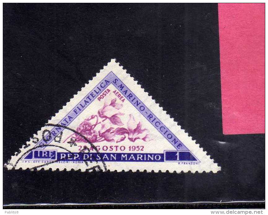 SAN MARINO 1952 POSTA AEREA AIR MAIL GIORNATA FILATELICA PHILATELIC DAY LIRE 1 USATA USED - Poste Aérienne