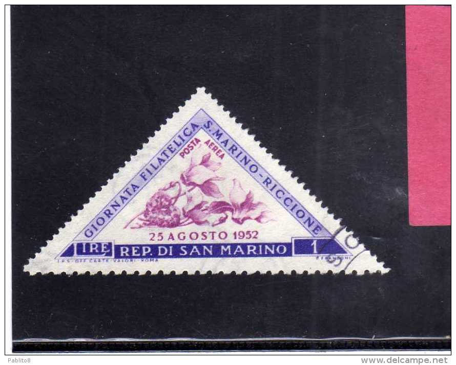 SAN MARINO 1952 POSTA AEREA AIR MAIL GIORNATA FILATELICA PHILATELIC DAY LIRE 1 USATA USED - Airmail