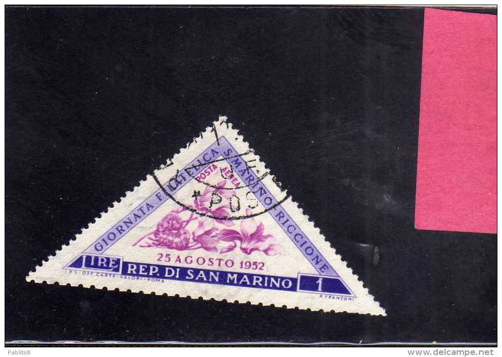 SAN MARINO 1952 POSTA AEREA AIR MAIL GIORNATA FILATELICA PHILATELIC DAY LIRE 1 USATA USED - Poste Aérienne