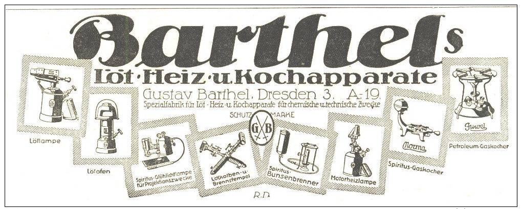 Original-Werbung/ Anzeige 1918 - BARTHEL'S LÖT- HEIZ- UND KOCHAPPARATE / DRESDEN - Ca. 180 X 70 Mm - Pubblicitari