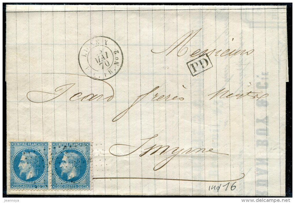 FRANCE - N° 29A (2) OBL. ANCRE + CAD " LIGNE X / PAQ. FR. N°2 LE 28/5/1870 " / LETTRE DE MARSEILLE POUR SMYRNE - TB - Maritime Post