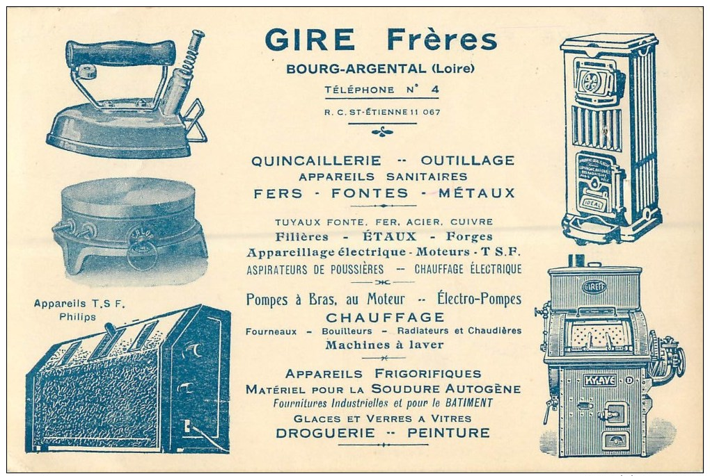 42  Bourg Argental   Carte Publictaire  Gire Freres  Quicaillerie Outillage Fontes Poele - Bourg Argental