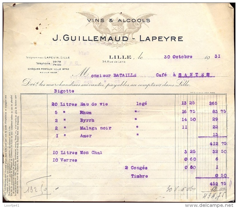 Facture Faktuur - Vins & Alcools Guillemaud - Lapeyre - Lille 1931 - Autres & Non Classés