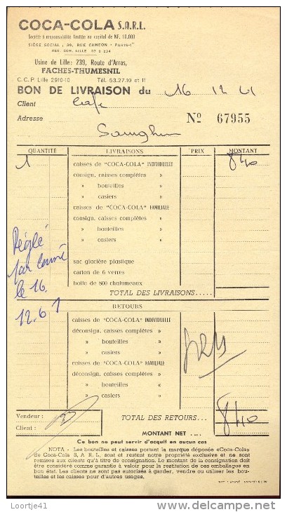 Facture Faktuur - Coca-cola - Usine De Lille - Faches-Thumesnil - Autres & Non Classés