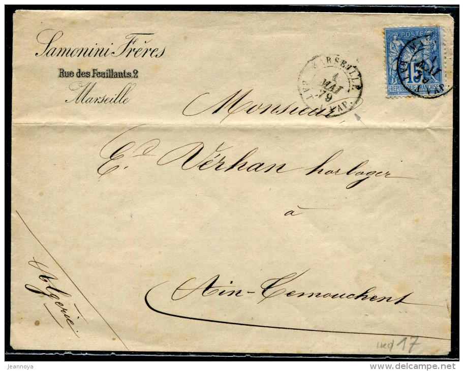 FRANCE - N° 90 OBL. CAD " MARSEILLE / BAT. A VAP. LE 1/5/1879 " / LETTRE DE MARSEILLE POUR AIN-TEMOUCHEN - TB - Poste Maritime