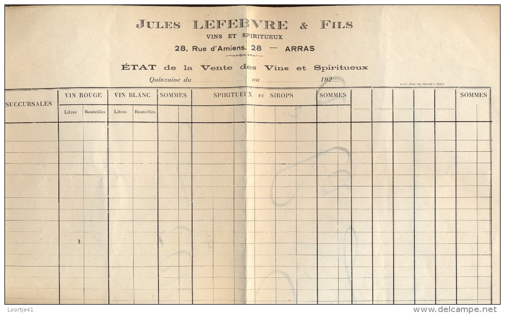 Facture Faktuur - Brasserie  - Jules Lefebvre & Fils Arras - - Autres & Non Classés