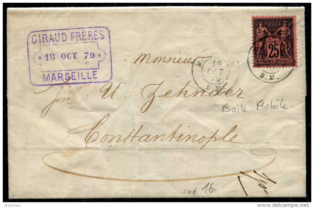 FRANCE - N° 91 OBL. CAD " MARSEILLE / B. M. LE 18/10/1879 " / LETTRE DE MARSEILLE POUR CONSTANTINOPLE - TB - Maritime Post