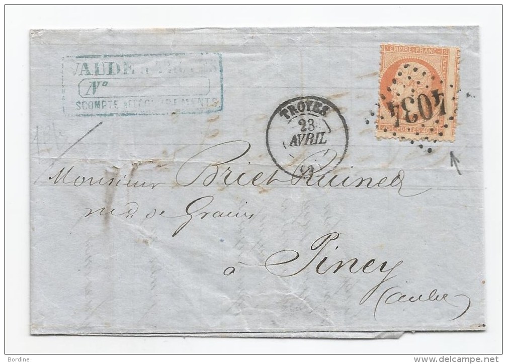 - Lettre - AUBE - TROYES - GC.4034 S/TP Napoléon III N°23 - Gros Piquage Latéral -  1867 - 1862 Napoleon III