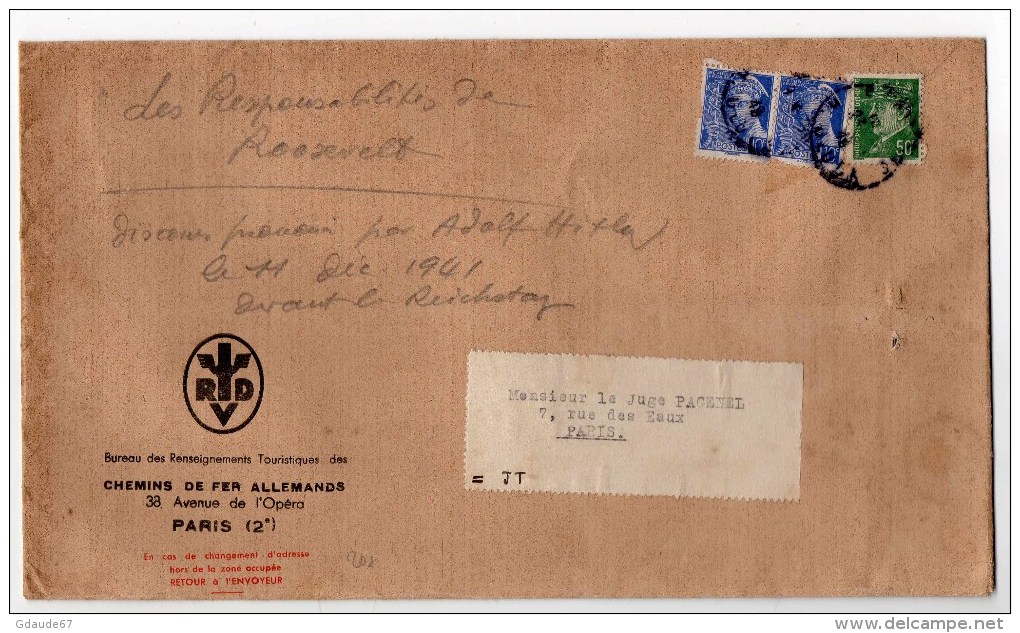 1942 - GRANDE ENVELOPPE Du BUREAU DES RENSEIGNEMENTS TOURISTIQUES DES CHEMINS DE FER ALLEMANDS - Lettres & Documents