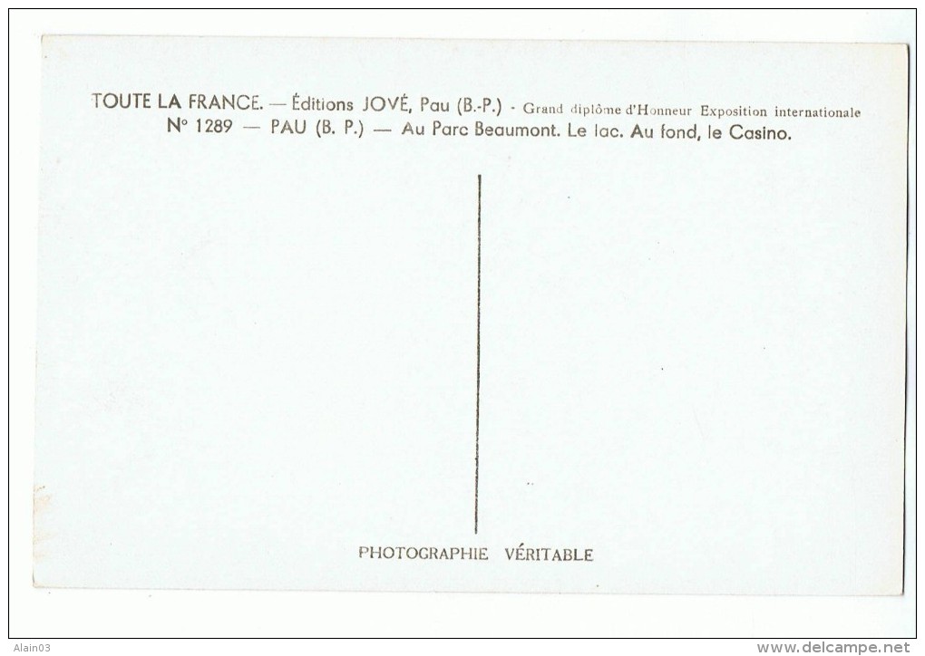 CPSM - 64 - PAU - Au Parc Beaumont - Le Lac - Au Fond Le Casino - Jové 1289 - Pau