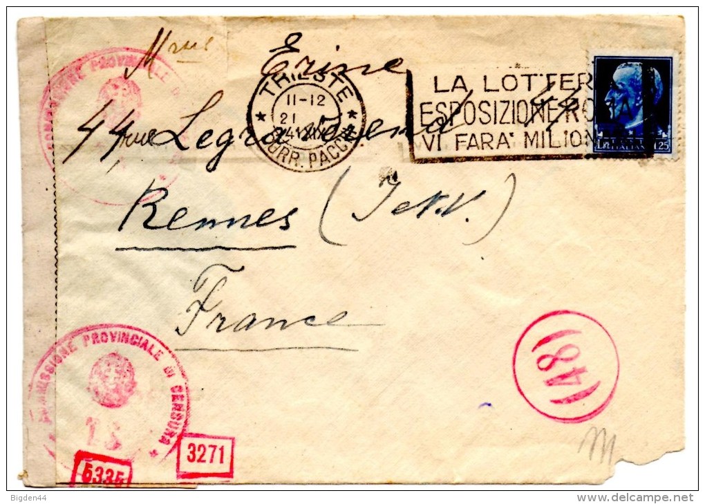 Lettre De Trieste (21.01.1941) Pour Rennes_Double Censure - Marcophilie