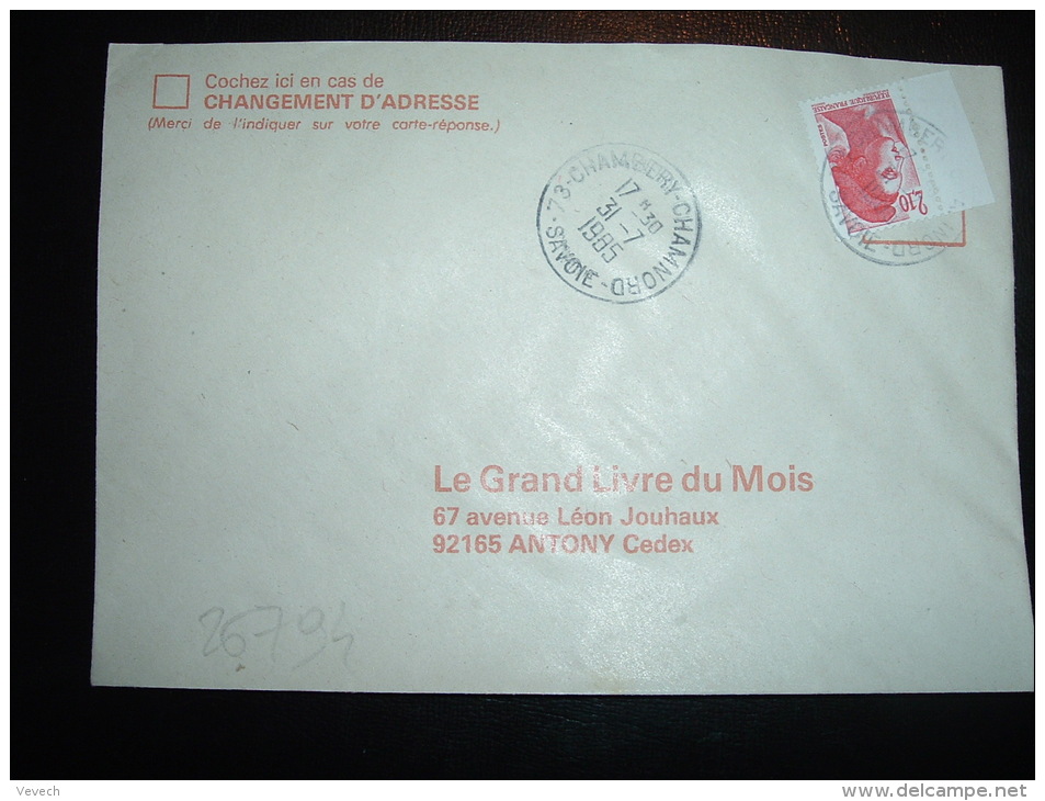 LETTRE TP LIBERTE DE GANDON 2,10F BORD DE CARNET OBL. 31-7-1985 73-CHAMBERY-CHAMNORD SAVOIE (73) DERNIER JOUR TARIF - 1982-1990 Liberté De Gandon