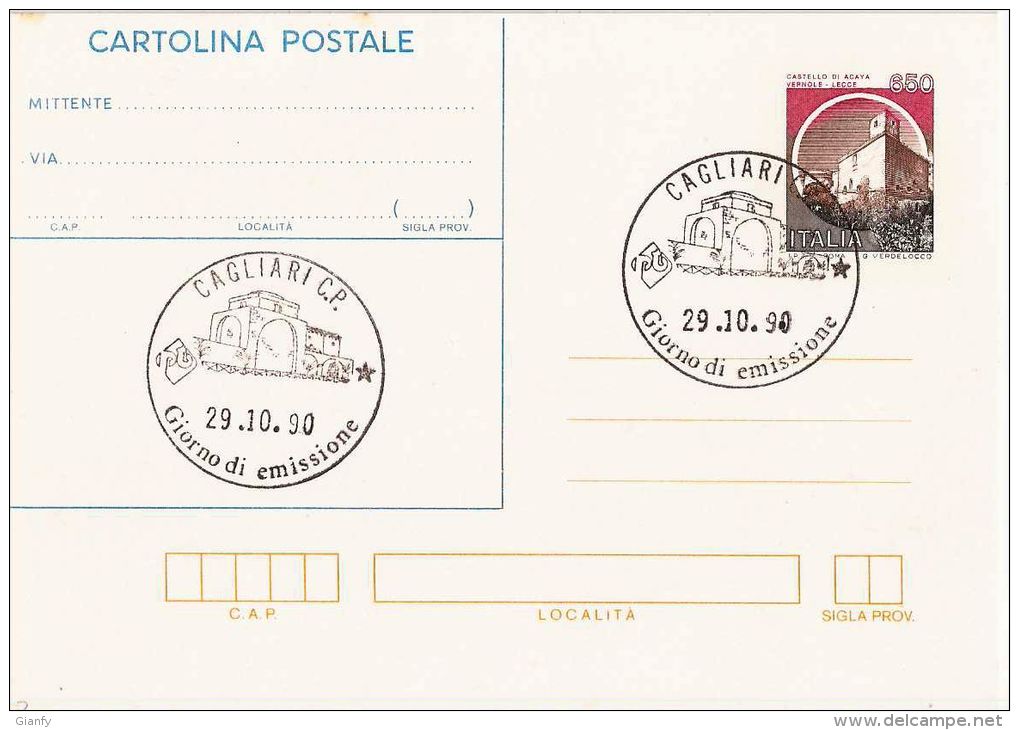 INTERO CASTELLI 650 L CASTELLO ACAYA-VERNOLE LECCE 1990 FDC CAGLIARI - Interi Postali