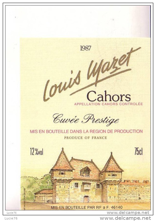 ETIQUETTE   - CAHORS  -  Cuvée Prestige -  Louis Mazet   -  1987 - Cahors