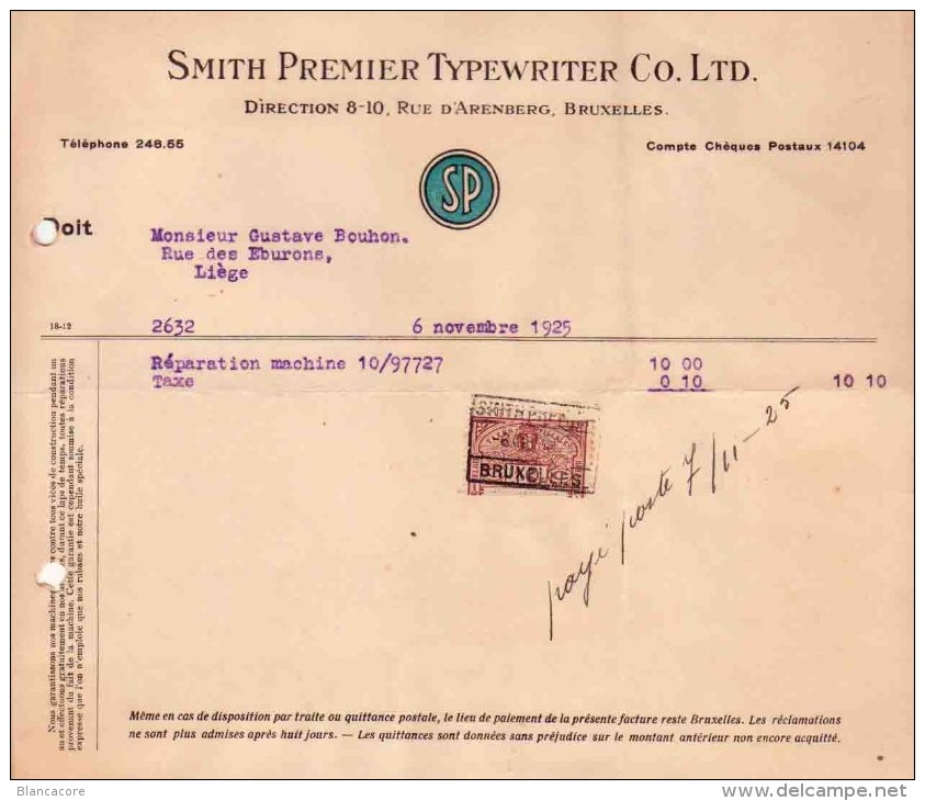 Bruxelles Rue D'Arenberg SMITH PREMIER TYPEWRITER Co. Ltd  1925 - 1900 – 1949