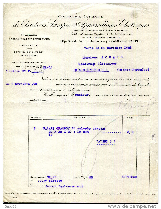 54.MEURTHE & MOSELLE.PAGNY SUR MOSELLE.COMPAGNIE LORRAINE DE CHARBONS,LAMPES & APPAREILLAGES ELECTRIQUES.S.C.PARIS. - Electricity & Gas