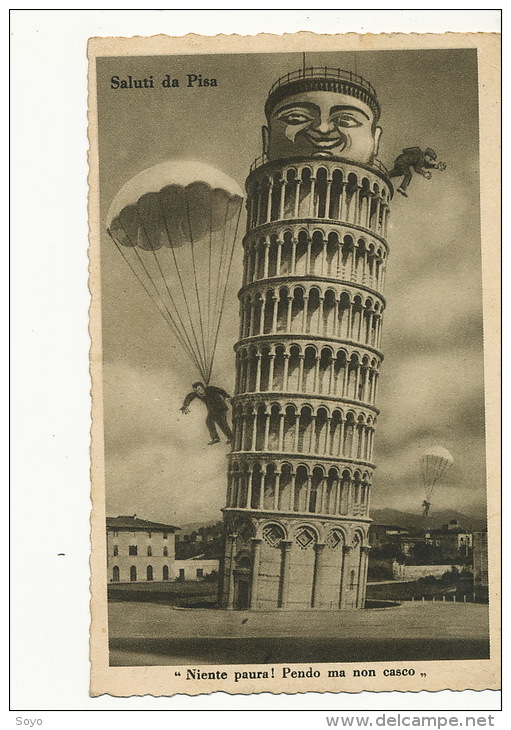 Carte Surrealiste Parachutisme Suicide De La Tour De Pise Pisa Timbrée Pisa - Fallschirmspringen