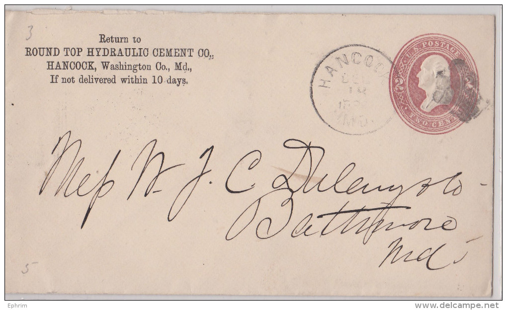 HANCOCK (Maryland) - Postal Stationery 1886 To Baltimore - Round Top Hydraulic Cement Co - Entier Postal - Ciment - ...-1900