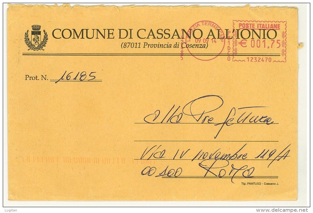 CASSANO ALL'IONIO  CAP 87011 - COSENZA  - ANNO 2014 - AMR  - CALABRIA -TEMATICA COMUNI D'ITALIA - STORIA POSTALE - Macchine Per Obliterare (EMA)